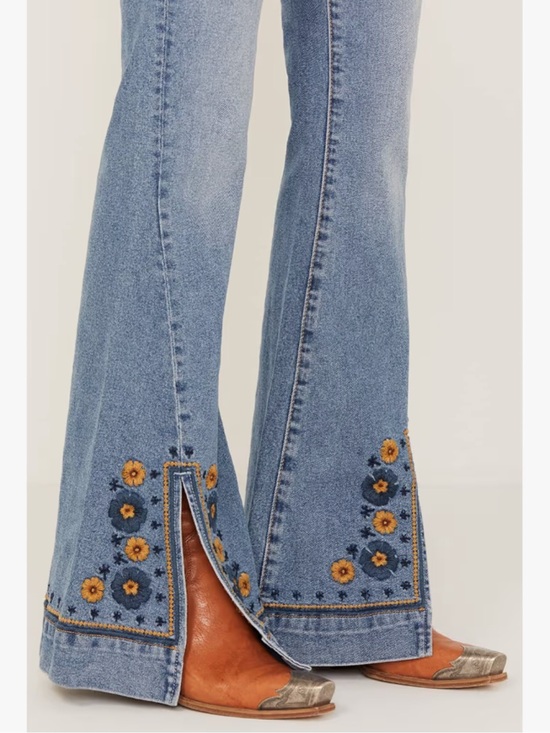 DRIFTWOOD Denim - Driftwood  X Free People Farrah Split Hem Flare Boho Embroidered Jeans Size 26